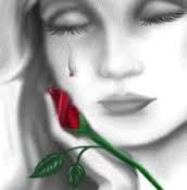 Drawing of woman holding a rose to her cheek while she is crying